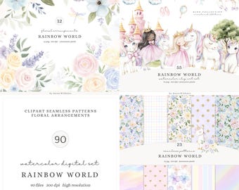 Watercolor Unicorn Princess Clipart, Rainbow World Patterns (Digital Download)