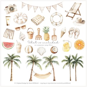 May include: A set of 60 watercolor illustrations featuring summer vacation and beach themes. The illustrations include a beach chair, a life preserver, a watermelon, a pineapple, a coconut, a seashell, a beach ball, a palm tree, a hammock, a beach towel, a pair of flip flops, a bucket and shovel, a camera, a sun hat, a glass of lemonade, a glass of iced coffee, a popsicle, and a pair of sunglasses.