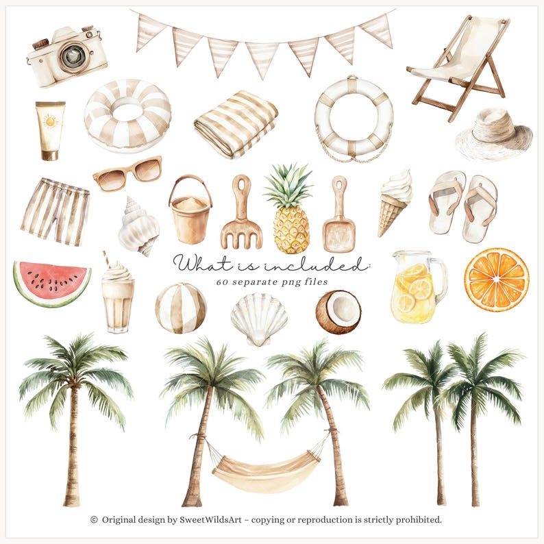 May include: A set of 60 watercolor illustrations featuring summer vacation and beach themes. The illustrations include a beach chair, a life preserver, a watermelon, a pineapple, a coconut, a seashell, a beach ball, a palm tree, a hammock, a beach towel, a pair of flip flops, a bucket and shovel, a camera, a sun hat, a glass of lemonade, a glass of iced coffee, a popsicle, and a pair of sunglasses.