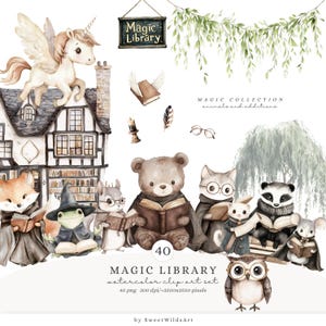 Könnte beinhalten: Ein Aquarell-Clipart-Set mit einer fantasievollen Zauberbibliothek mit einem Einhorn, einer Eule, einem Fuchs, einem Frosch, einem Bären, einer Katze, einem Dachs und einer Maus. Das Set enthält 40 Bilder, jedes mit einer Größe von 3500x3500 Pixel.