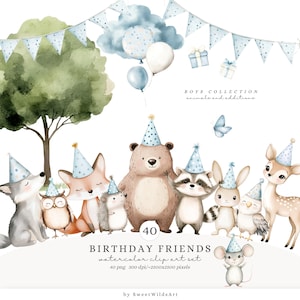 Aquarelle anniversaire amis des cliparts, PNG forestier mignon, clipart bébé animal, fête de bébé mignon Woodland, anniversaire de bébé garçon, téléchargement numérique