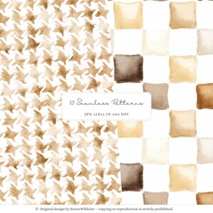 May include: Two seamless patterns featuring brown watercolor designs. The first pattern is a repeating geometric shape. The second pattern is a repeating square with a brown pillow shape inside.
