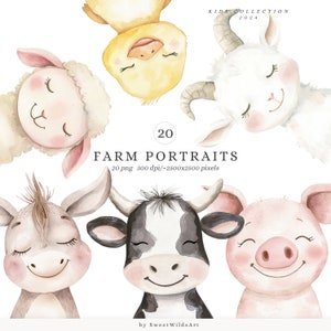 Imágenes prediseñadas de retratos de granja en acuarela, imágenes prediseñadas de animales lindos, animales bebés, imágenes prediseñadas de baby shower, guardería de granja, animales de granja estilo cottagecore bohemio