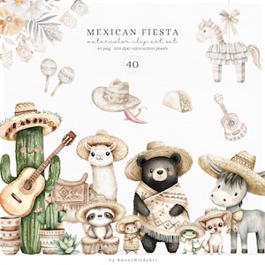 Aquarelle mignon Cinco de Mayo Clipart, Fiesta mexicaine PNG, bébés animaux Clip Art, Taco, âne, sombrero, fête mexicaine, téléchargement numérique