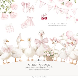 Clipart de ganso femenino de acuarela, PNG de ganso tonto rosa, decoración de guardería coqueta, clip art de baby shower bohemio, PNG de cumpleaños de niña, digital