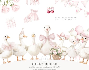 Watercolor Girly Goose Clipart, Pink Silly Goose PNG, Coquette nursery decor, Boho Baby Shower Clip Art, Baby Girl Birthday PNG, Digital