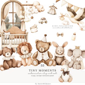 Aquarel kleine momenten clipartset, knuffels PNG, babydieren illustraties, kinderkamer illustraties, neutraal, babyshower, digitale download