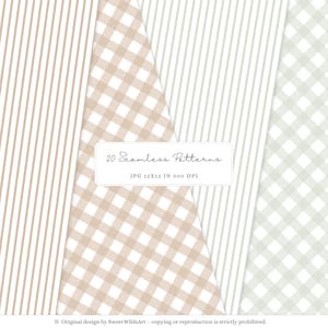 May include: A collection of 20 seamless patterns in various designs, including stripes and gingham. The color palette features neutral tones like beige and white. The image includes the text "20 Seamless Patterns" and "JPG 12x12 IN 300 DPI".