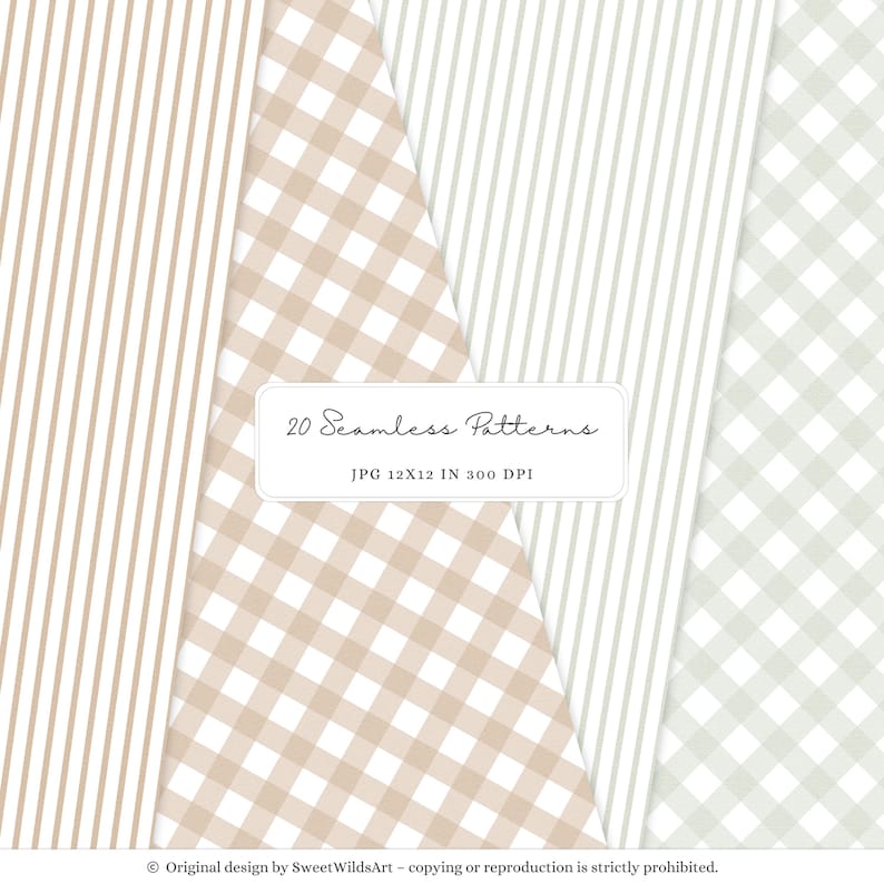 May include: A collection of 20 seamless patterns in various designs, including stripes and gingham. The color palette features neutral tones like beige and white. The image includes the text "20 Seamless Patterns" and "JPG 12x12 IN 300 DPI".