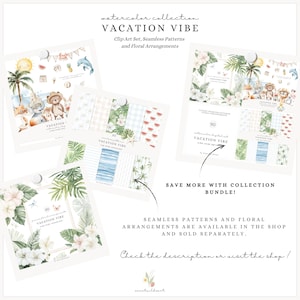 May include: A watercolor clip art set with a vacation theme. The set includes 90 digital elements, including seamless patterns, floral arrangements, and clip art. The set features a variety of tropical elements, such as palm trees, pineapples, watermelons, and seashells.
