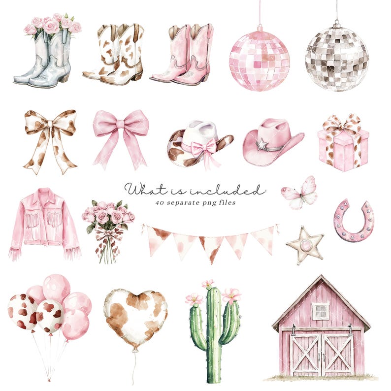 May include: A set of watercolor illustrations featuring a pink and brown color scheme. The illustrations include a cowboy hat, a barn, a cactus, a disco ball, a bouquet of flowers, a pair of cowboy boots, a heart-shaped balloon, a horseshoe, a star, a butterfly, a banner, a bow, a gift box, and a jacket. The text "What is included: 40 separate png files" is also included.