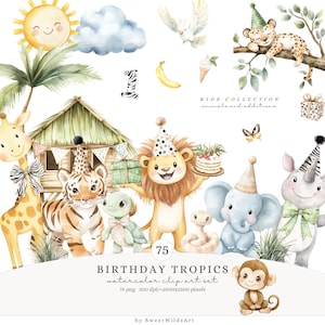 Aquarelle anniversaire Tropiques Clipart, Clipart anniversaire jungle, bébés animaux, Clipart animaux tropicaux, chambre d'enfant Safari, animaux de la safari PNG