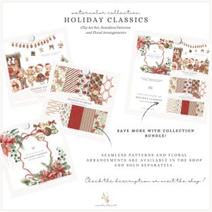 K&ouml;nnte beinhalten: Eine Sammlung von Aquarell-Urlaubs-Clip-Art, nahtlosen Mustern und floralen Arrangements. Das Bild zeigt mehrere Karten mit Illustrationen von Teddyb&auml;ren, Weihnachtsdekorationen und festlichen Mustern in Rot, Gr&uuml;n und Wei&szlig;. Text enth&auml;lt "HOLIDAY CLASSICS" und "SAVE MORE WITH COLLECTION BUNDLE!"