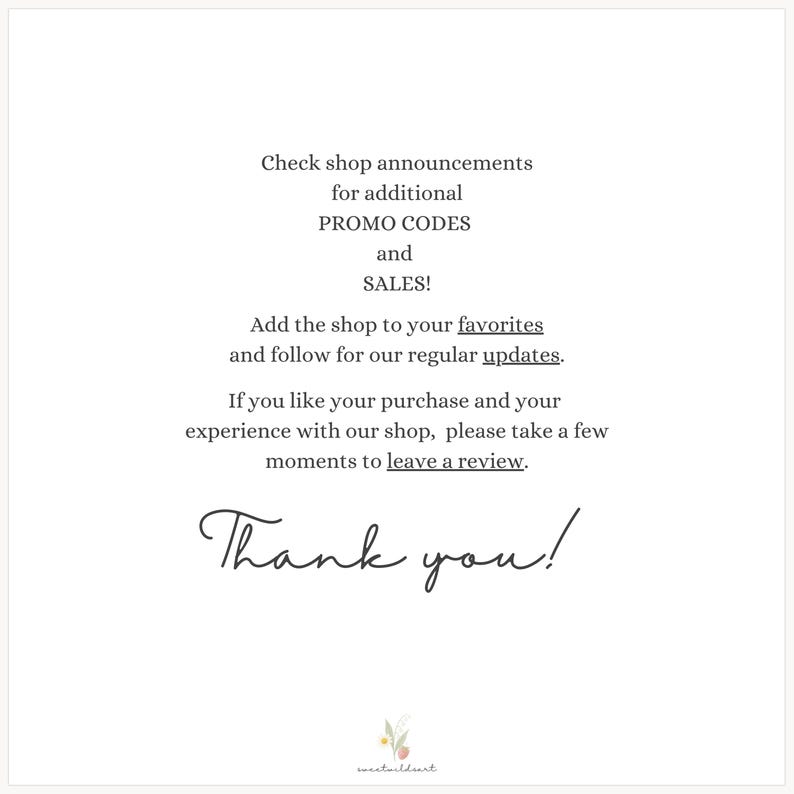 May include: A white background with black text. The text reads: "Check shop announcements for additional PROMO CODES and SALES!" and "Thank you!" The shop name is at the bottom. The image encourages customers to favorite the shop and leave a review.