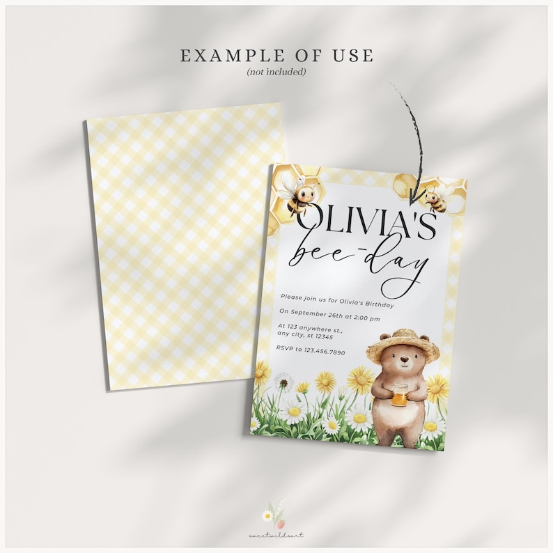 May include: A yellow and white gingham patterned invitation with a bee-themed design. The invitation says "Olivia's bee-day" and includes a cartoon bear wearing a straw hat holding a jar of honey. The invitation includes details for a birthday party, including the date, time, and location.