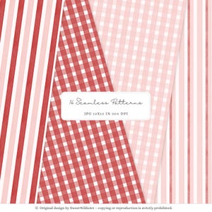 May include: A collection of seamless patterns in shades of red and pink. The patterns include stripes, gingham, and plaid designs. The image includes the text "16 Seamless Patterns" and "JPG 12X12 IN 300 DPI".