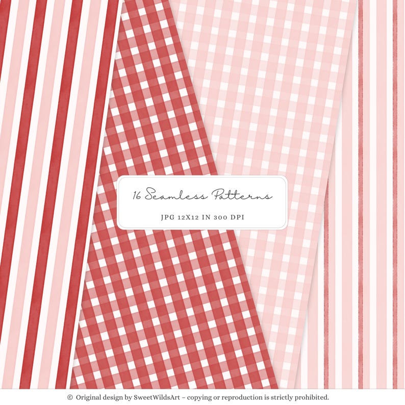 May include: A collection of seamless patterns in shades of red and pink. The patterns include stripes, gingham, and plaid designs. The image includes the text "16 Seamless Patterns" and "JPG 12X12 IN 300 DPI".
