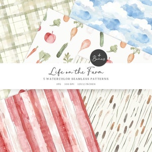 May include: Five watercolor seamless patterns featuring farm-themed designs. The patterns include a red and white striped pattern, a green and white checkered pattern, a pattern with vegetables, a pattern with clouds, and a pattern with reeds. The patterns are 12x12 inches and 300 DPI.