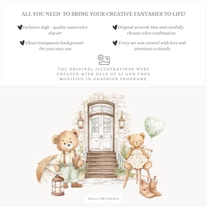 May include: Watercolor clip art set featuring two teddy bears, one holding a book and lantern, the other seated with boots. The image includes a heart-shaped balloon and text: "ALL YOU NEED TO BRING YOUR CREATIVE FANTASIES TO LIFE!"