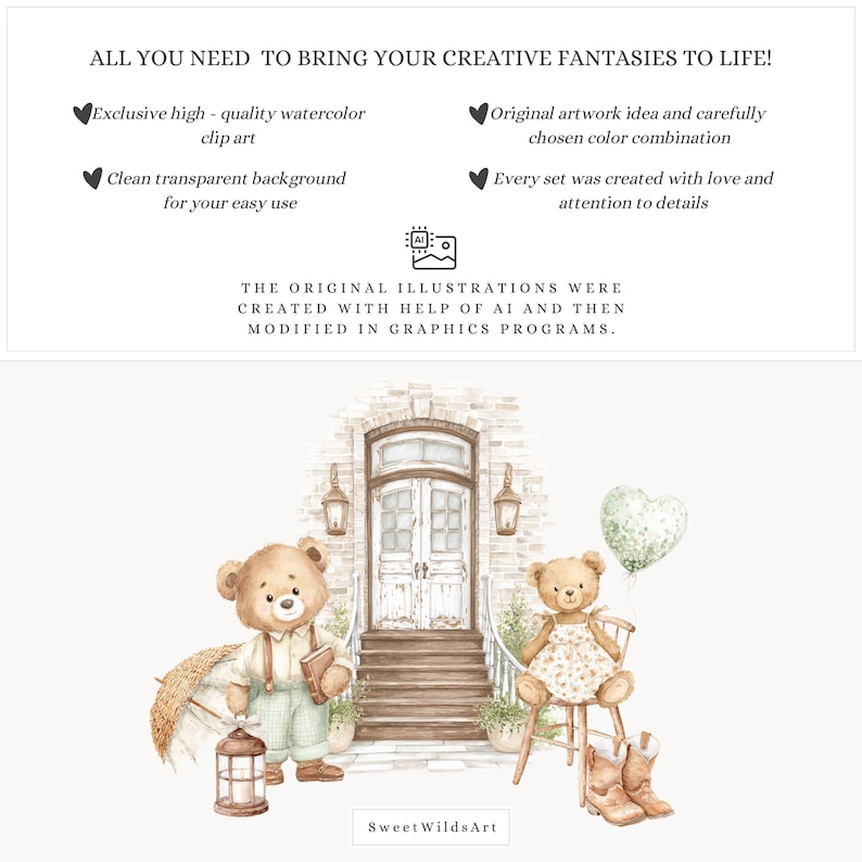 May include: Watercolor clip art set featuring two teddy bears, one holding a book and lantern, the other seated with boots. The image includes a heart-shaped balloon and text: "ALL YOU NEED TO BRING YOUR CREATIVE FANTASIES TO LIFE!"