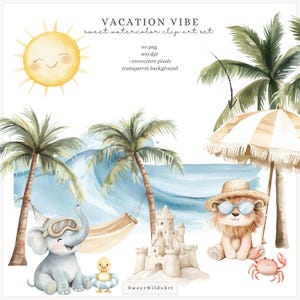 May include: Watercolor clip art set featuring a smiling sun, palm trees, a beach scene with waves, a sandcastle, a hammock, a lion wearing sunglasses, a crab, a baby elephant wearing goggles, and a yellow duckling with a life preserver. The set is perfect for creating summer-themed designs.