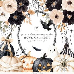 Puede incluir: Ilustración en acuarela con temática de Halloween. La imagen incluye calabazas, flores, un cuervo y un fantasma. El texto dice "HONK OR HAUNT" y "frames, floral arrangements". La paleta de colores incluye negro, blanco, beige y naranja.