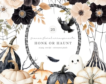 Watercolor Honk or Haunt Halloween Florals Clipart, Fall Floral Clipart, Spooky Flowers PNG, Pumpkins Png, Jack o Lantern Clipart, Digital