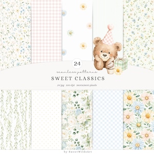 May include: A collection of 24 seamless patterns with floral and gingham designs. The image features a teddy bear wearing a party hat and holding a cupcake. The text reads "Sweet Classics".