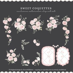 May include: Watercolor clip art set featuring pink roses and greenery on a dark gray background. The set includes various floral arrangements, bouquets, and decorative frames. Text reads "SWEET COQUETTES exclusive watercolor clip art set".