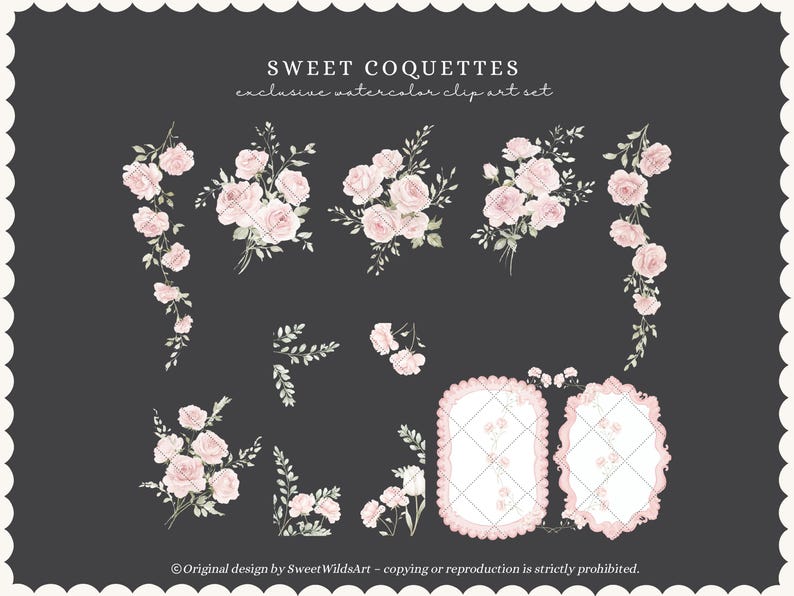 May include: Watercolor clip art set featuring pink roses and greenery on a dark gray background. The set includes various floral arrangements, bouquets, and decorative frames. Text reads "SWEET COQUETTES exclusive watercolor clip art set".