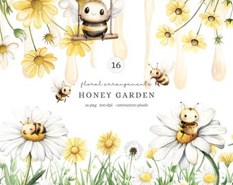 Watercolor Honey Garden Floral Arrangements, Daisies PNG, Dandelions, Bees and Honey Elements PNG, Botanical Clipart Set, Digital Download