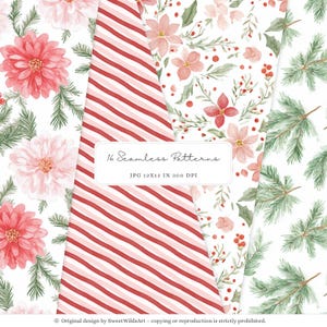 May include: A collection of 16 seamless patterns with a Christmas theme. The patterns include watercolor floral designs, red and white stripes, and evergreen branches. The image text reads "16 Seamless Patterns" and "JPG 12x12 IN 300 DPI".