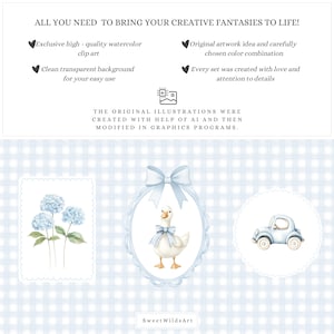 Akvarell pojkegås Clipart, blå fånig gås PNG, kokett barnkammardekor, boho babyshower-clipart, babypojkefödelsedag PNG, digitalt bild 8