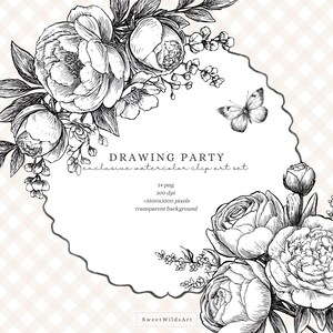 May include: A monochrome floral illustration featuring peonies, other flowers, and a butterfly, surrounding an oval frame. The text "DRAWING PARTY" and "exclusive watercolor clip art set" are included. The design is suitable for various creative projects.