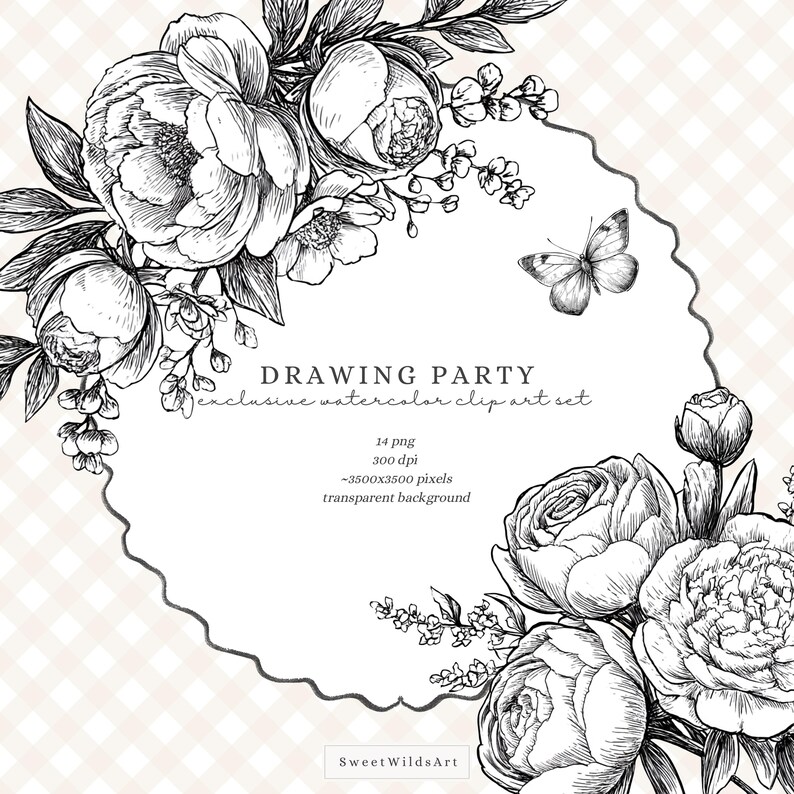 May include: A monochrome floral illustration featuring peonies, other flowers, and a butterfly, surrounding an oval frame. The text "DRAWING PARTY" and "exclusive watercolor clip art set" are included. The design is suitable for various creative projects.