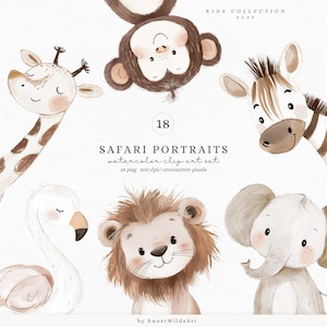 Aquarelle Safari Portraits Clipart, Clipart animaux mignons, bébés animaux, Clipart baby shower, chambre d'enfant Safari, animaux tropicaux Boho