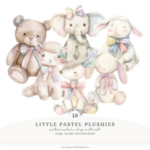 Pacote de clipart de animais de pelúcia em aquarela, clipart de animais de berçário vintage aconchegante em tons pastéis, convite fofo para festa em PNG, decoração de animais bebês para scrapbooking