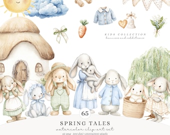 Aquarel lente verhalen clipart, schattige baby konijntje clipart, lente kwekerij clipart, Cottagecore paaskonijnen png, tuin digitale download