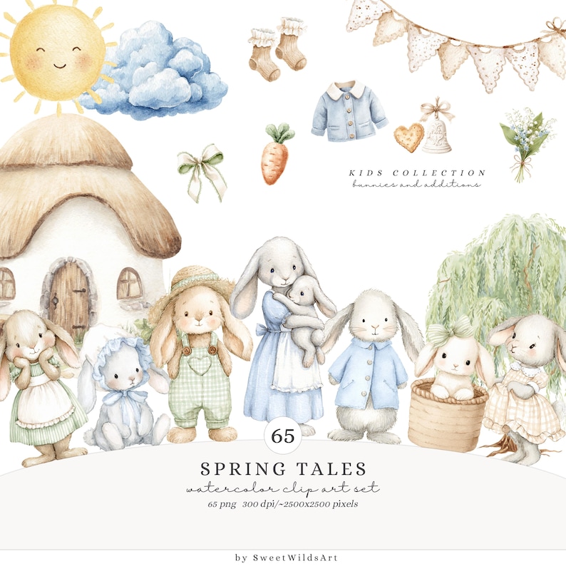 Watercolor Spring Tales Clipart, Cute Baby Bunny Clipart, Spring ...