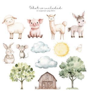 May include: Watercolor illustrations of farm animals, including a sheep, pig, llama, donkey, rabbit, and mouse. The image also features clouds, a sun, a butterfly, trees, and a barn. Text at the top reads "What is included" and "32 separate png files."
