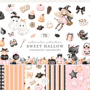 Peut inclure: Une collection d'aquarelles numériques intitulée SWEET HALLOW comprenant 75 éléments dont une sorcière, des fantômes, des chats noirs, des citrouilles, un chaudron et des arrière-plans à motifs dans des tons rose pastel, noir et crème.