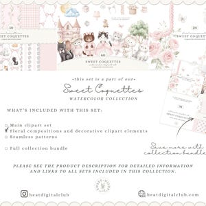 May include: A digital art set titled "Sweet Coquettes" featuring watercolor illustrations. The set includes a main clipart set, floral compositions, decorative elements, and seamless patterns. The image showcases various designs with cats, castles, and floral arrangements.