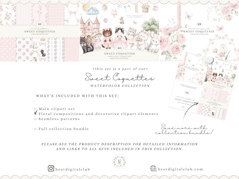 May include: A digital art set titled "Sweet Coquettes" featuring watercolor illustrations. The set includes a main clipart set, floral compositions, decorative elements, and seamless patterns. The image showcases various designs with cats, castles, and floral arrangements.