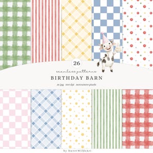 Motivi senza soluzione di continuità con motivi ad acquerello per feste di compleanno, strisce a quadretti colorati a pois, carta digitale per fattoria pastello, carta per album di compleanno per bambini