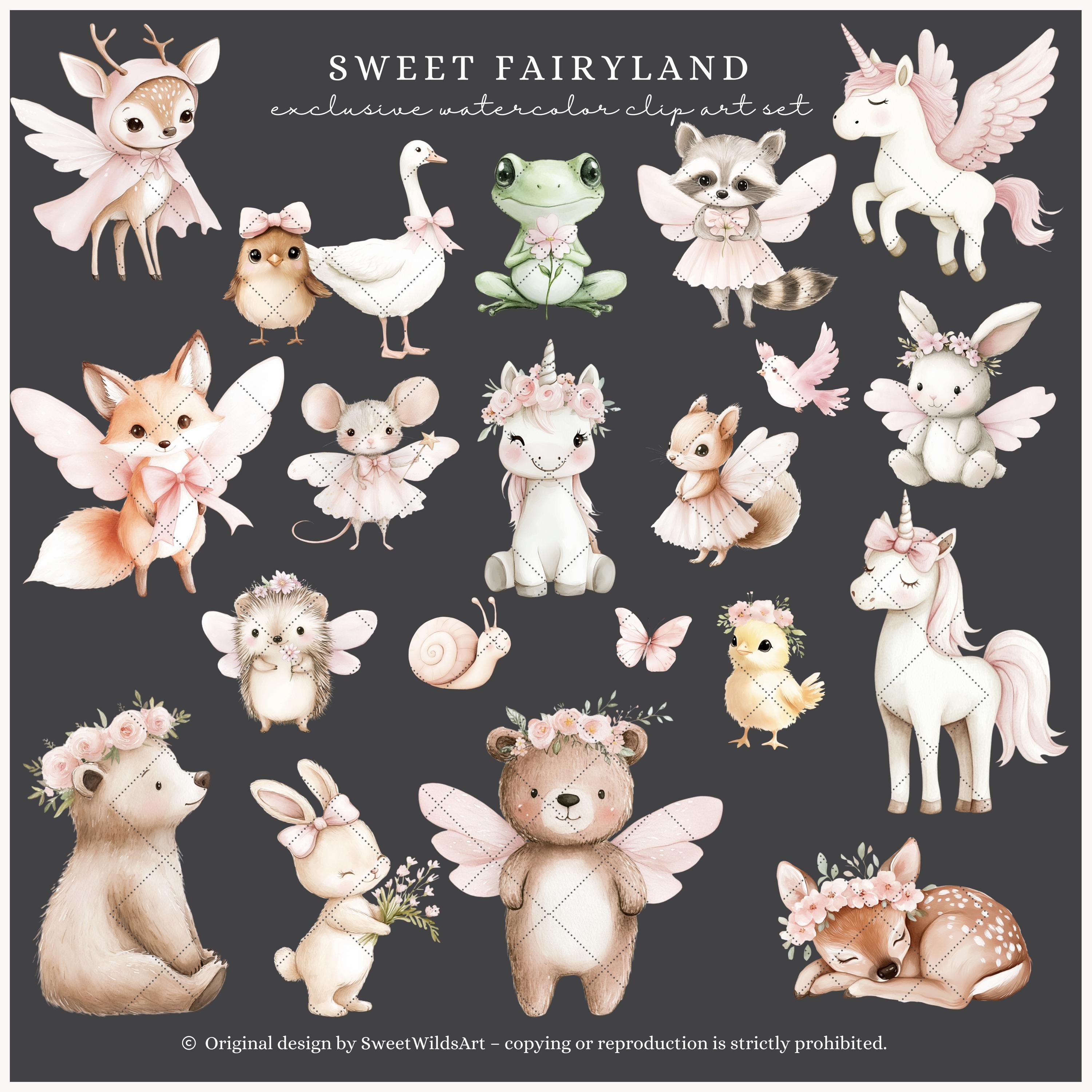 Watercolor Sweet Fairyland Clipart Set, Cute Pink Fairy Clipart