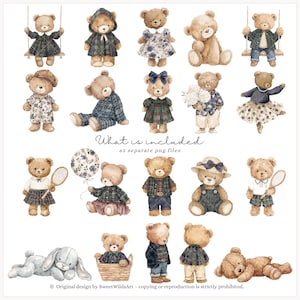 May include: A collection of watercolor teddy bear illustrations. The bears are dressed in various outfits, including dresses, overalls, and jackets. Some bears hold accessories like tennis rackets and balloons. The text "What is included" and "65 separate png files" is visible.