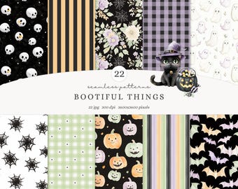 May include: A set of 22 seamless Halloween-themed patterns. Designs include skulls, stripes, floral arrangements, ghosts, pumpkins, bats, and checks. A black cat in a witch's hat and a cauldron of sweets are also shown. The text reads "BOOTIFUL THINGS".