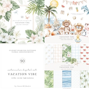 Clipart de acuarela con ambiente vacacional, lindos animales de playa, clipart de guardería oceánica, animales bebés, clipart de vacaciones, descarga digital de verano para niños