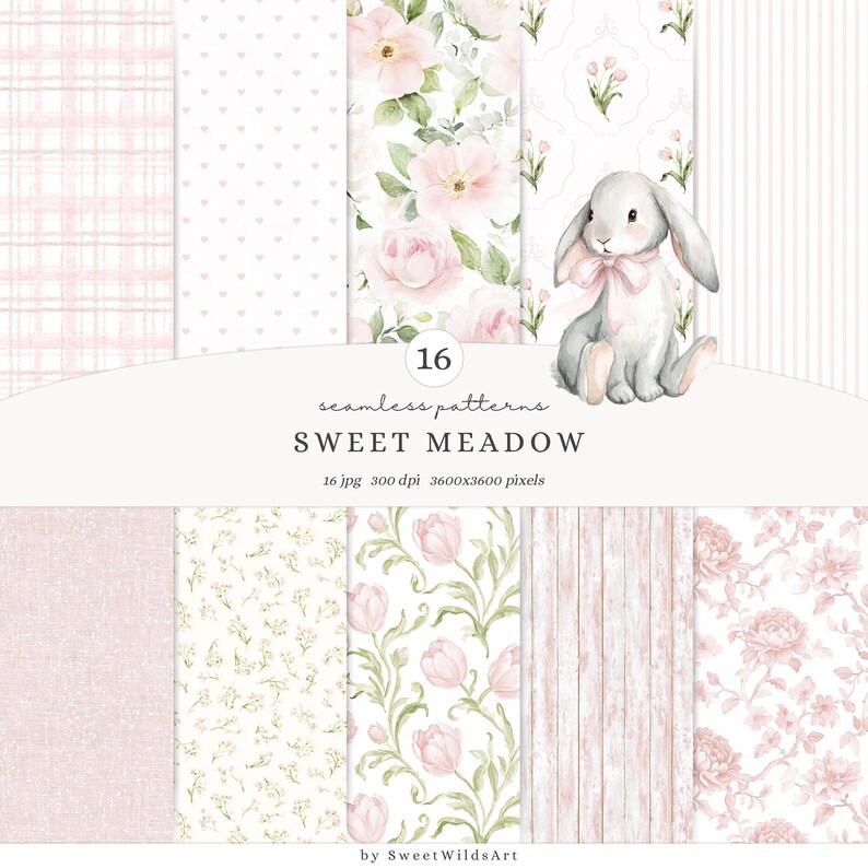 May include: A collection of 16 seamless patterns in soft pink and white. Designs include floral, plaid, and polka dot patterns, along with a watercolor illustration of a bunny. The text reads "Sweet Meadow".