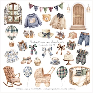 May include: Watercolor illustrations of baby items and nursery decor, including a rocking chair, crib, clothes, and a hot air balloon. The image includes a text that says "What is included 65 separate png files".